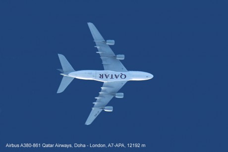 Airbus A380-861 Qatar Airways, Doha - London, A7-APA, 12192 m